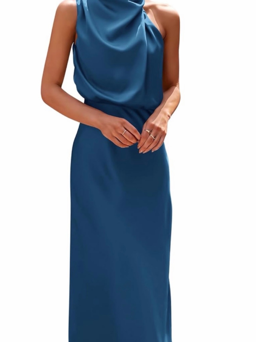 BTFBM Satin Cowl Neck Slip Dress Teal Blue Elegant Minimalist Wedding Guest M